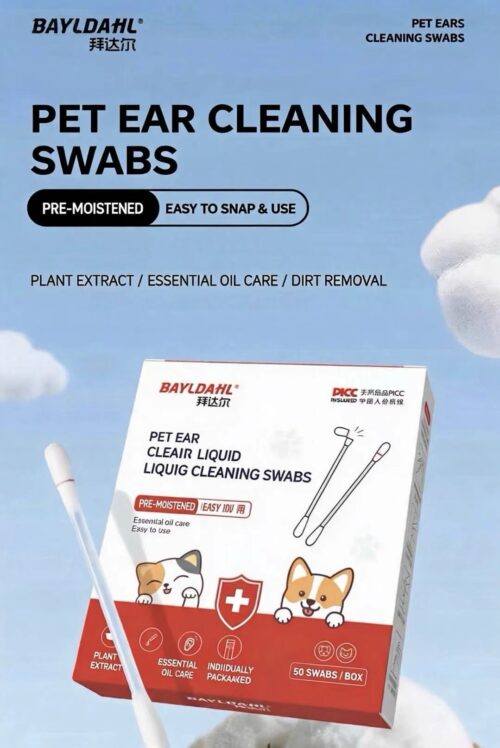 Baidar Cat Ear Cleaning Swabs, Pet Ear Cotton Buds for Ear Mites, for Cats, Dogs, Kittens and Young Cats, Ear Wash Solution